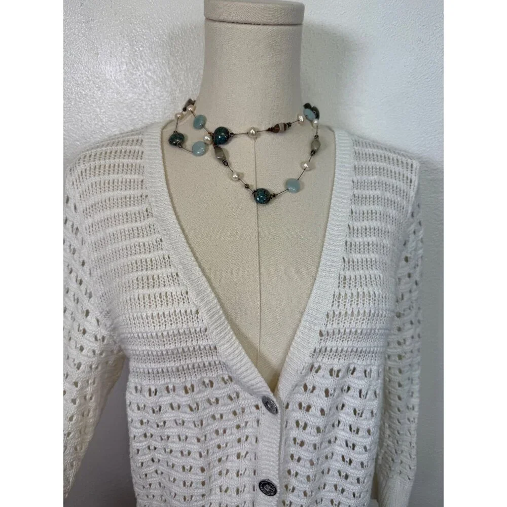 DKNY Women’s Large Cardigan Sweater White Ivory Knit Crochet 3/4 Sleeve cotton